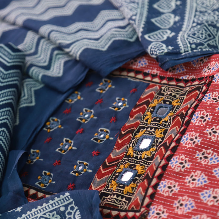 Sukhmani Red Mirror Work with Ajrak Printed Cotton Suit Set
