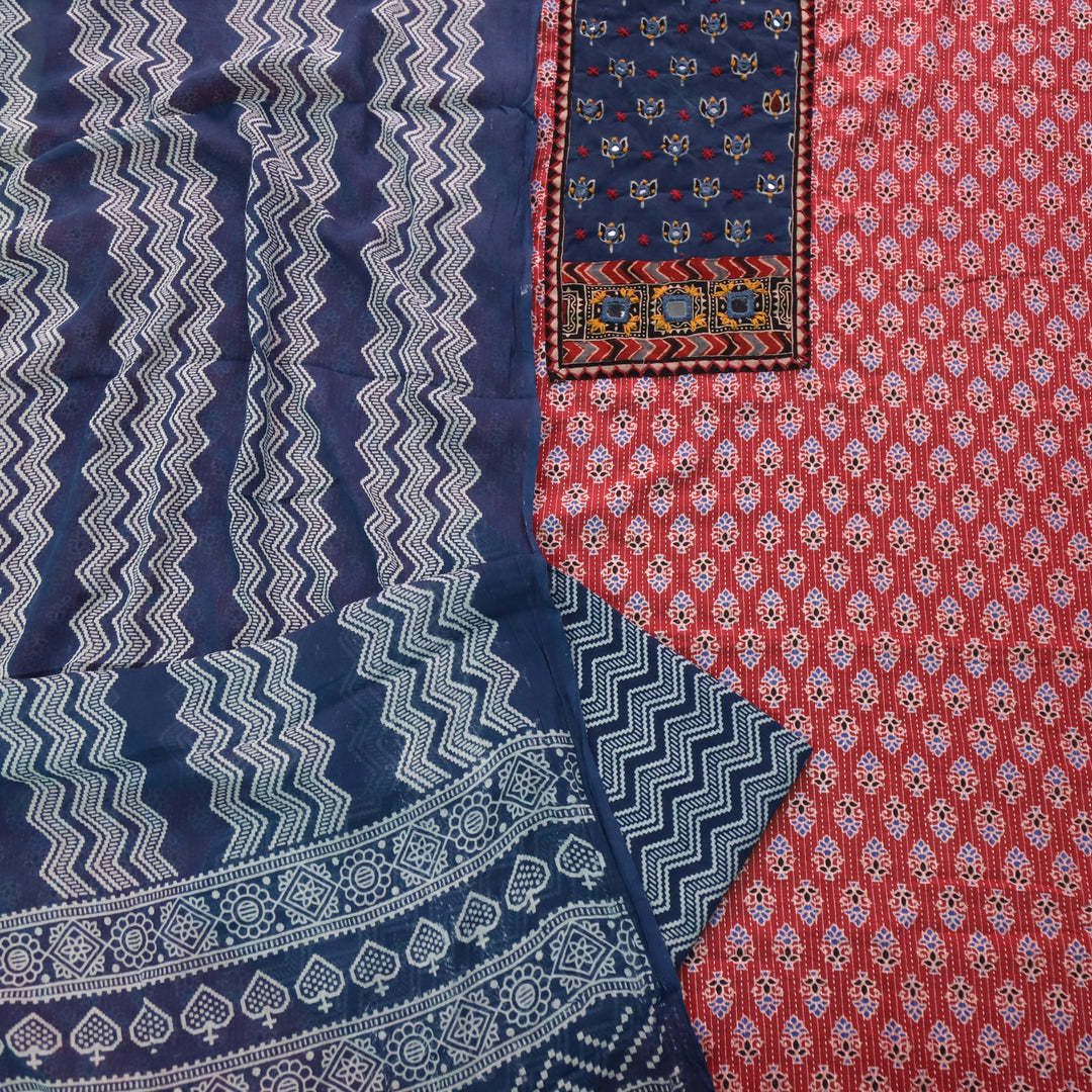 Sukhmani Red Mirror Work with Ajrak Printed Cotton Suit Set