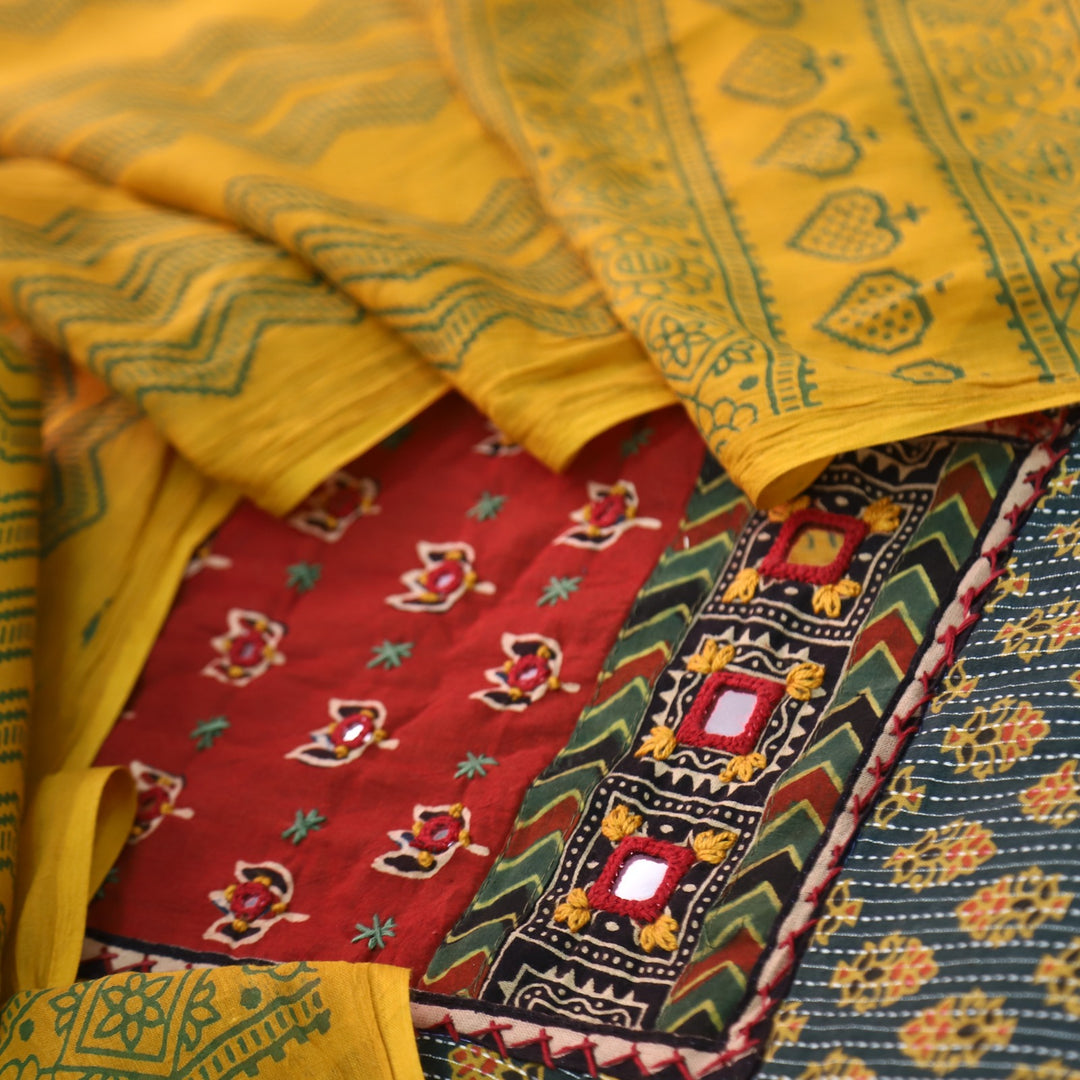 Sukhmani Green French Work with Ajrak Printed Cotton Suit Set