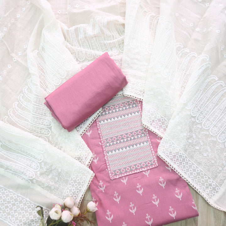 Sarkaare Pink Thread Work with Sequence Digital Printed Cotton Suit Set