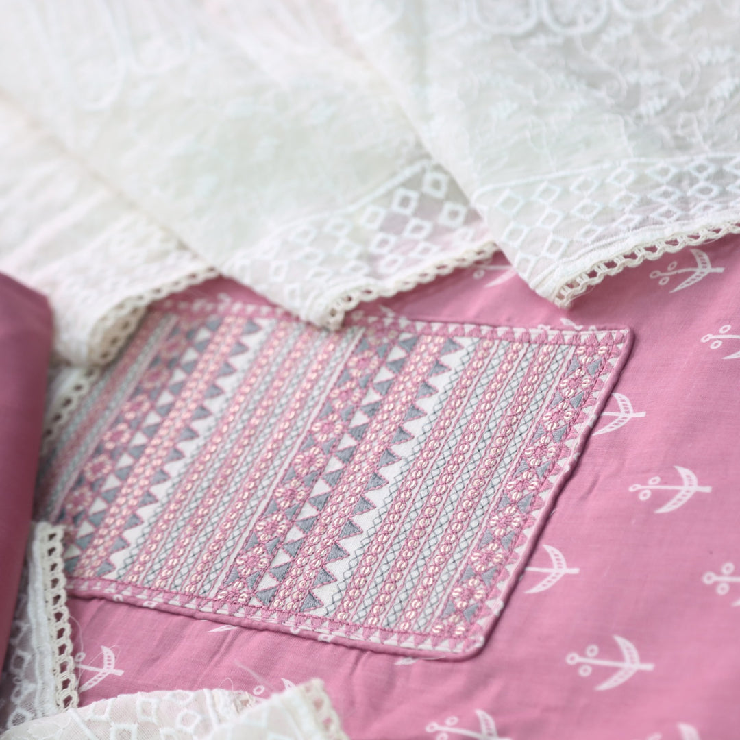 Sarkaare Pink Thread Work with Sequence Digital Printed Cotton Suit Set
