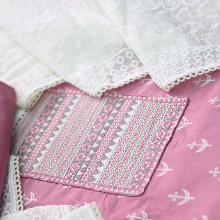 Sarkaare Pink Thread Work with Sequence Digital Printed Cotton Suit Set