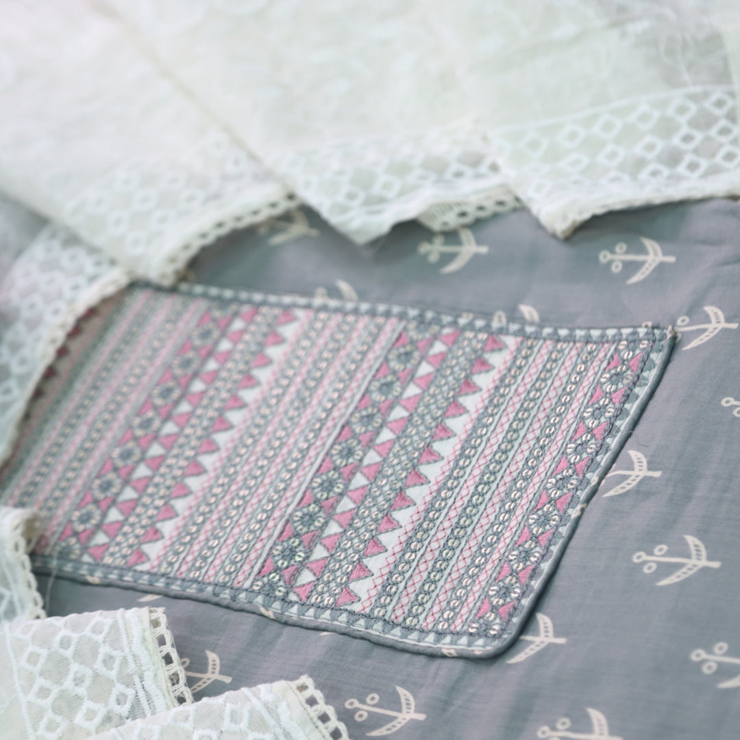 Sarkaare Fade Grey Thread Work with Sequence Digital Printed Cotton Suit Set
