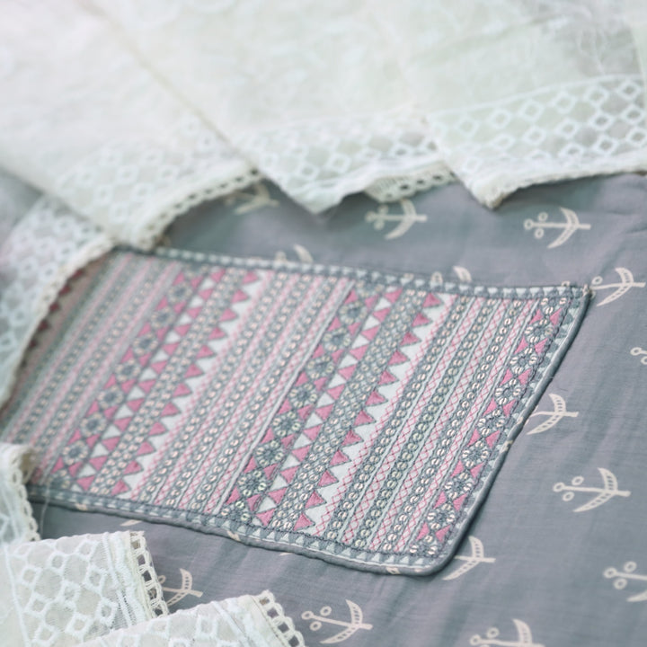 Sarkaare Fade Grey Thread Work with Sequence Digital Printed Cotton Suit Set