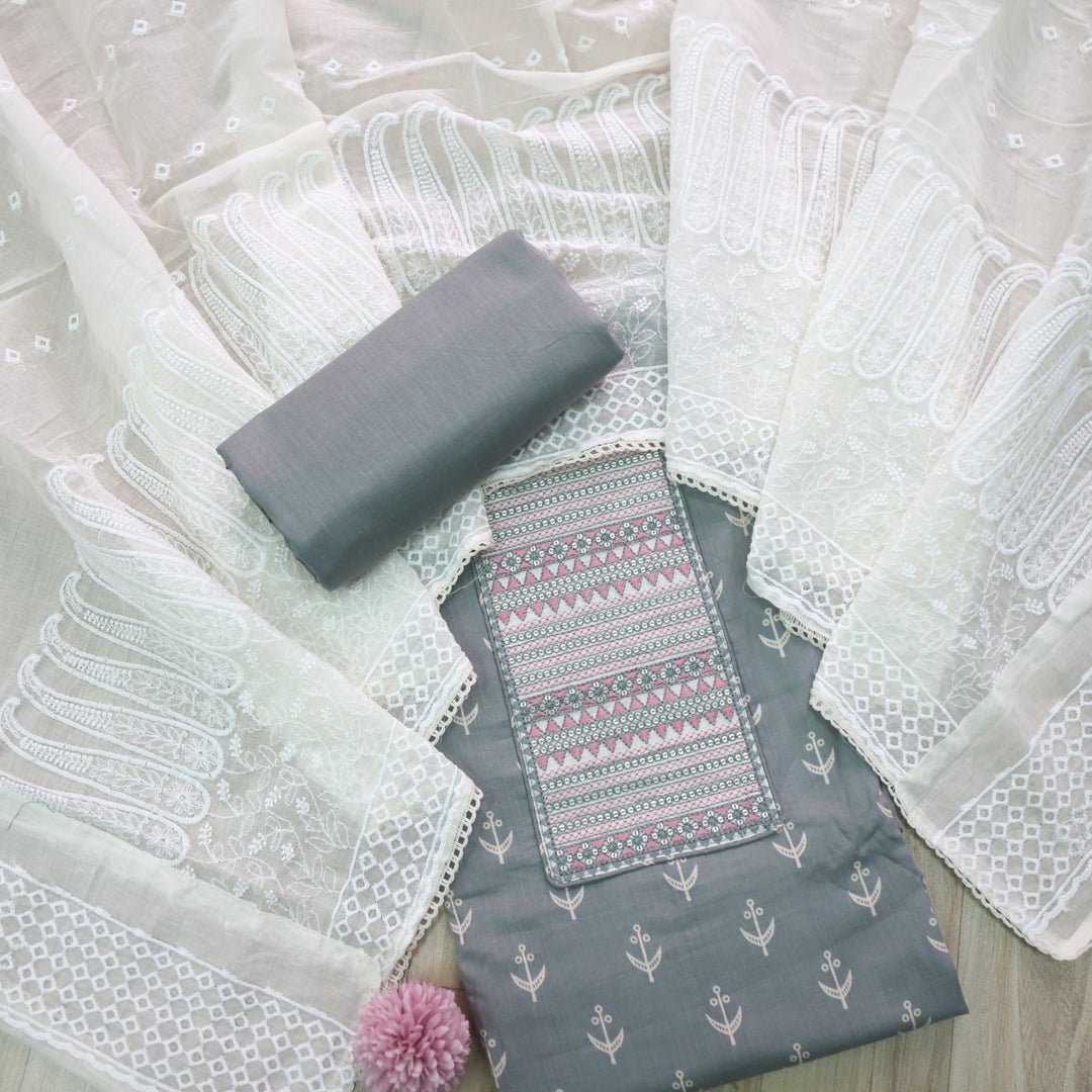 Sarkaare Fade Grey Thread Work with Sequence Digital Printed Cotton Suit Set