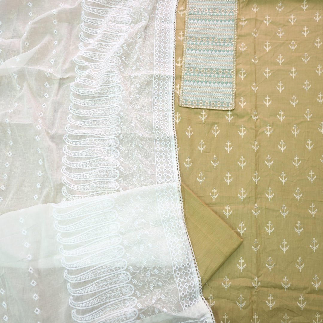 Sarkaare Mud Yellow Thread Work with Sequence Digital Printed Cotton Suit Set