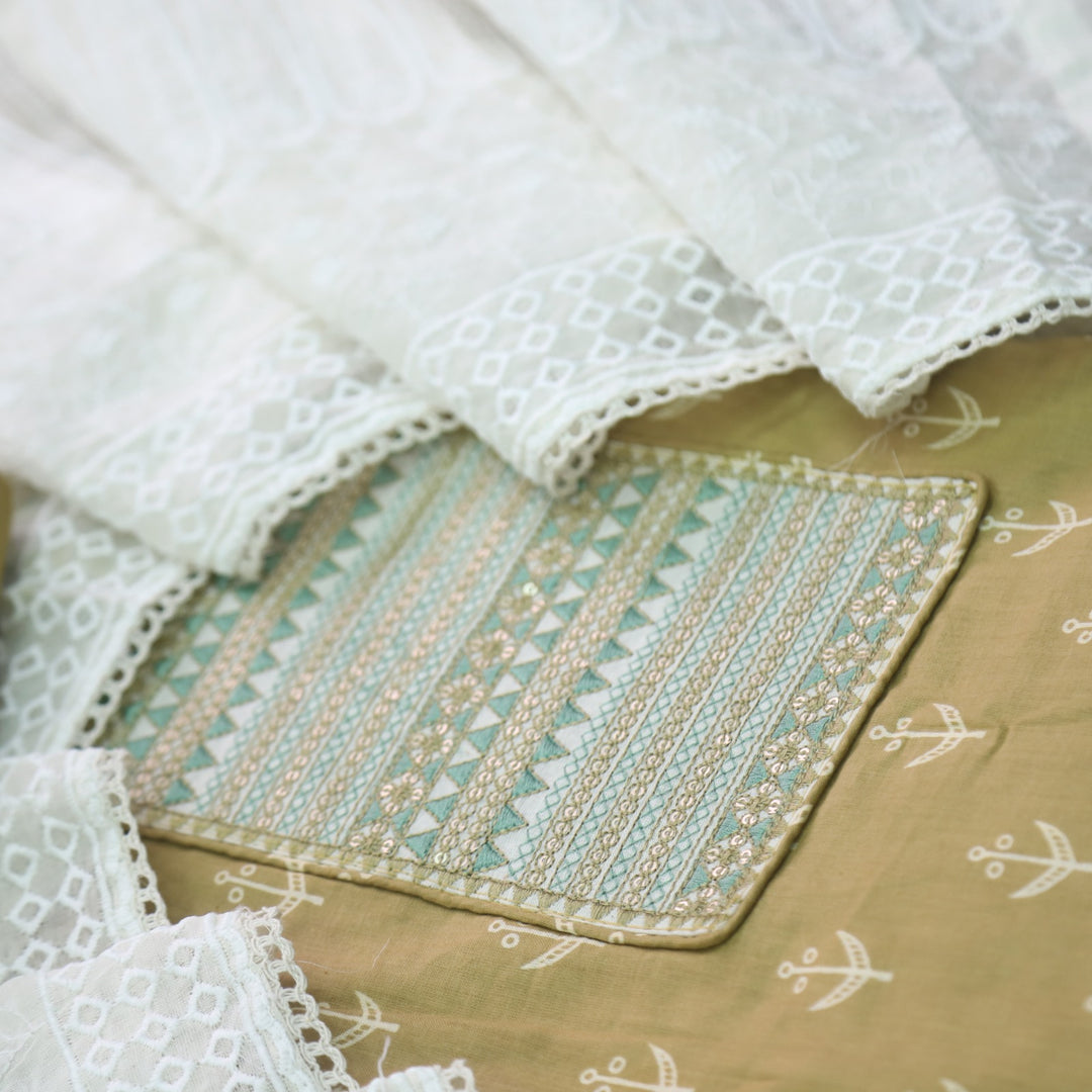 Sarkaare Mud Yellow Thread Work with Sequence Digital Printed Cotton Suit Set