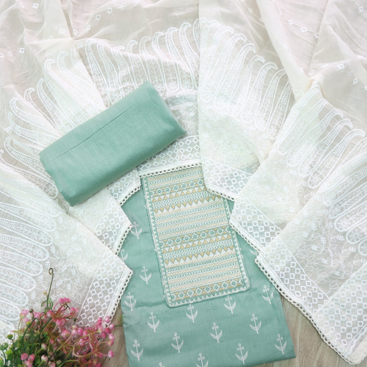 Sarkaare Sage Green Thread Work with Sequence Digital Printed Cotton Suit Set