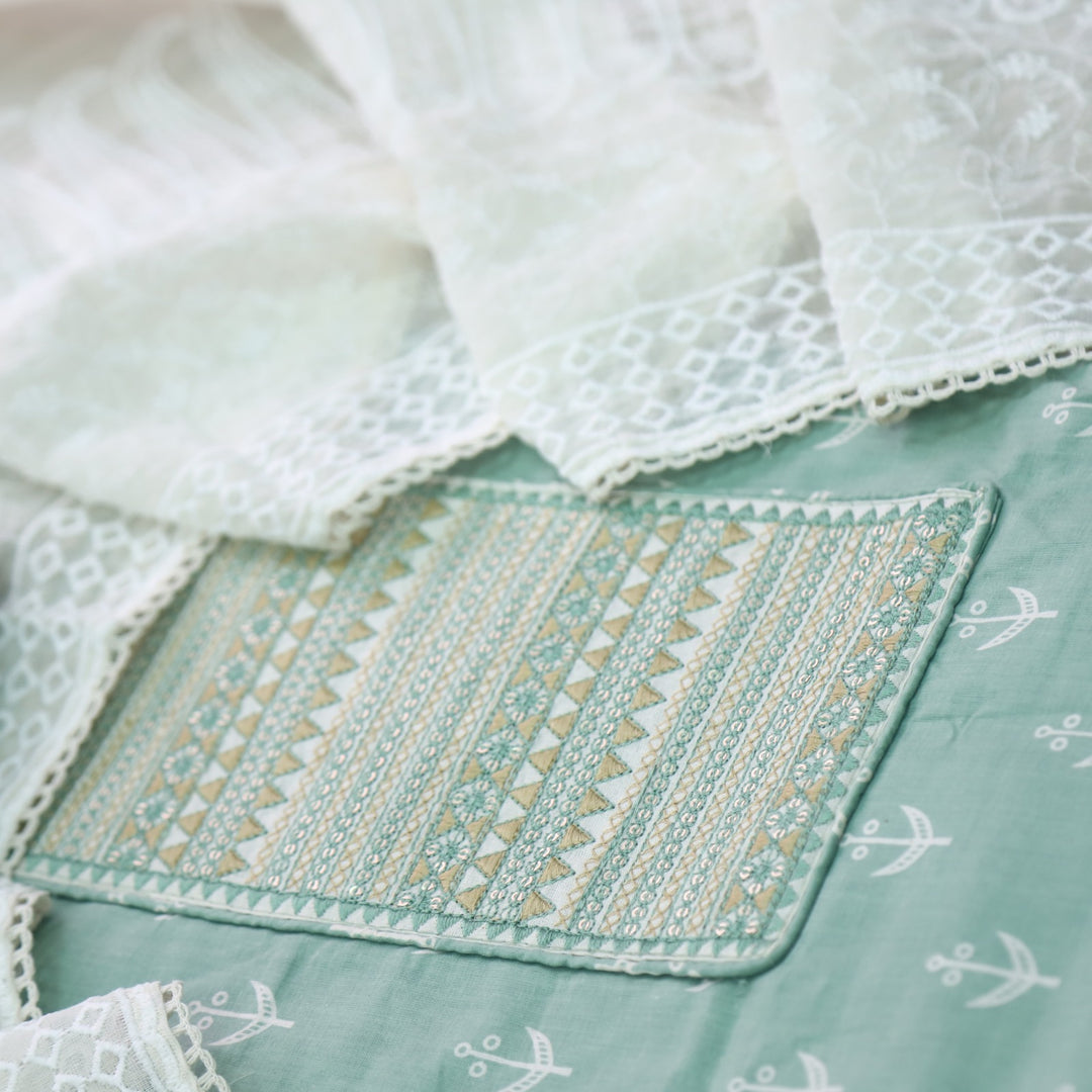 Sarkaare Sage Green Thread Work with Sequence Digital Printed Cotton Suit Set
