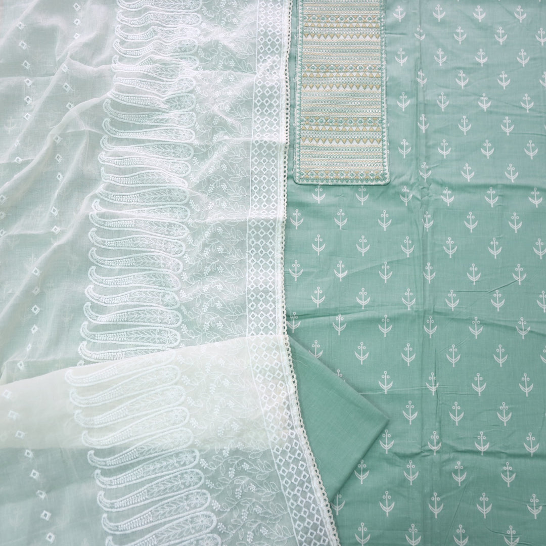 Sarkaare Sage Green Thread Work with Sequence Digital Printed Cotton Suit Set