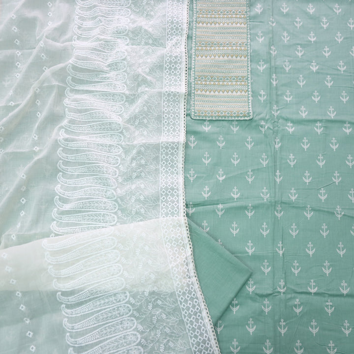 Sarkaare Sage Green Thread Work with Sequence Digital Printed Cotton Suit Set