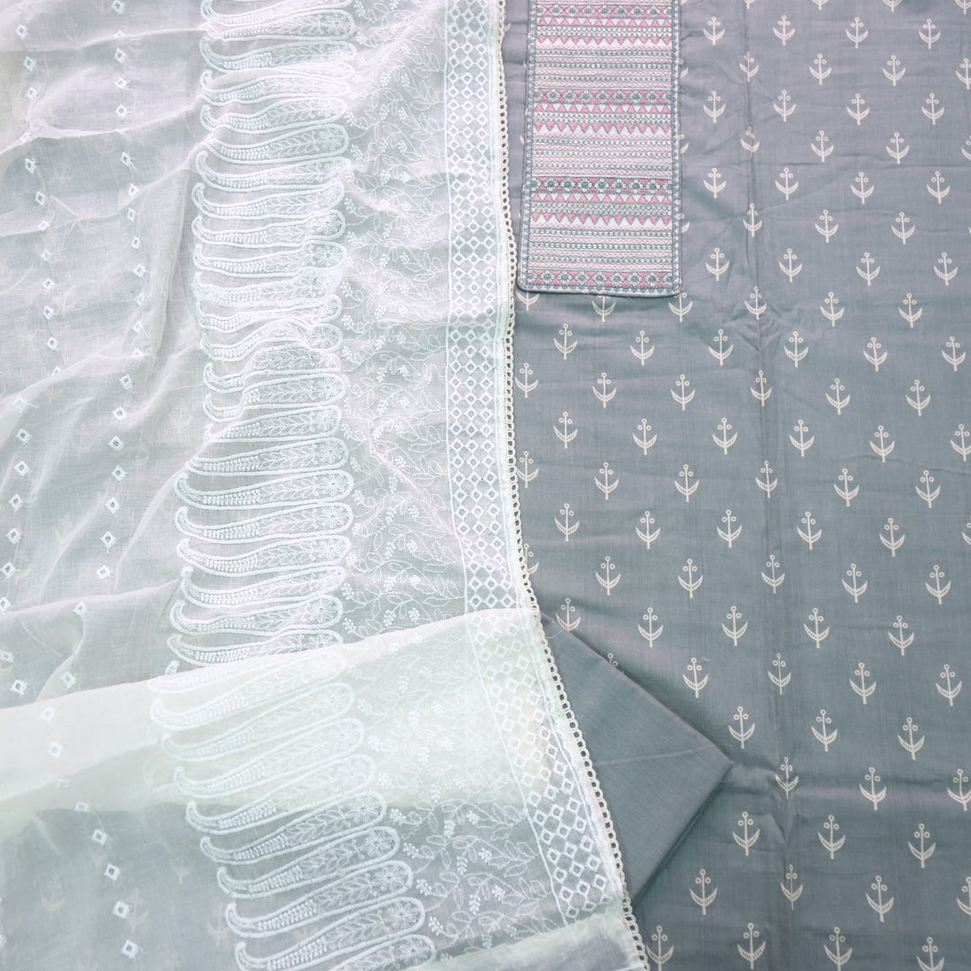 Sarkaare Fade Grey Thread Work with Sequence Digital Printed Cotton Suit Set