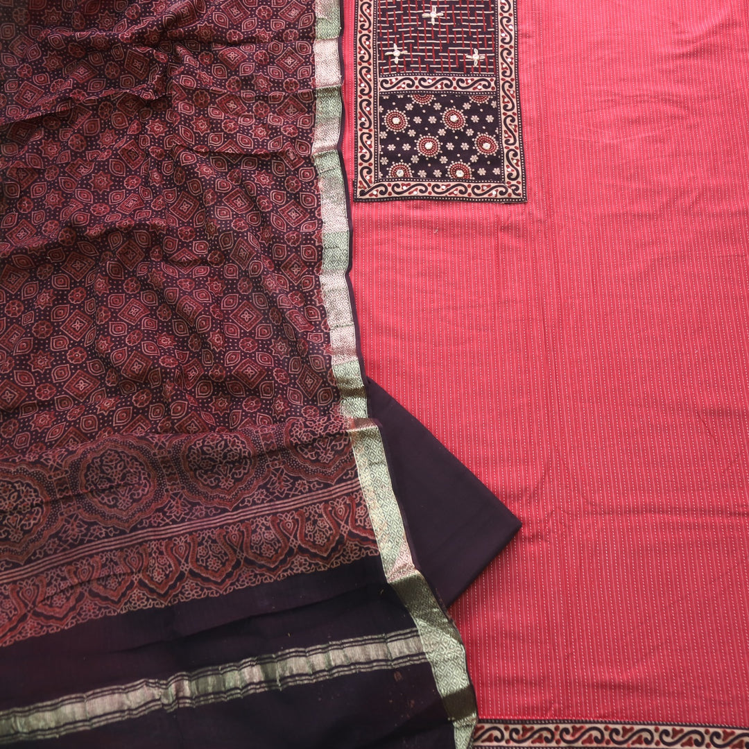 Rushna Maroon Red Ajrak Printed Patch with Kantha Cotton Suit Set