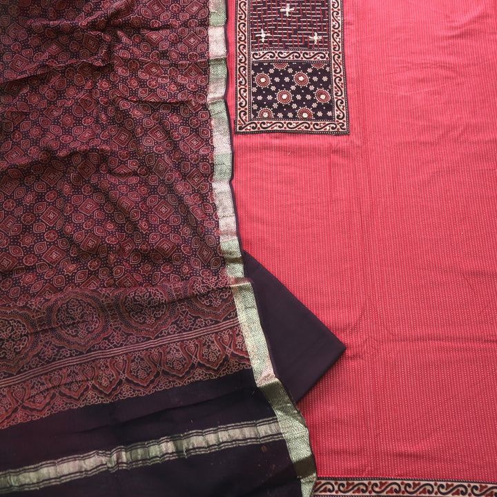 Rushna Maroon Red Ajrak Printed Patch with Kantha Cotton Suit Set