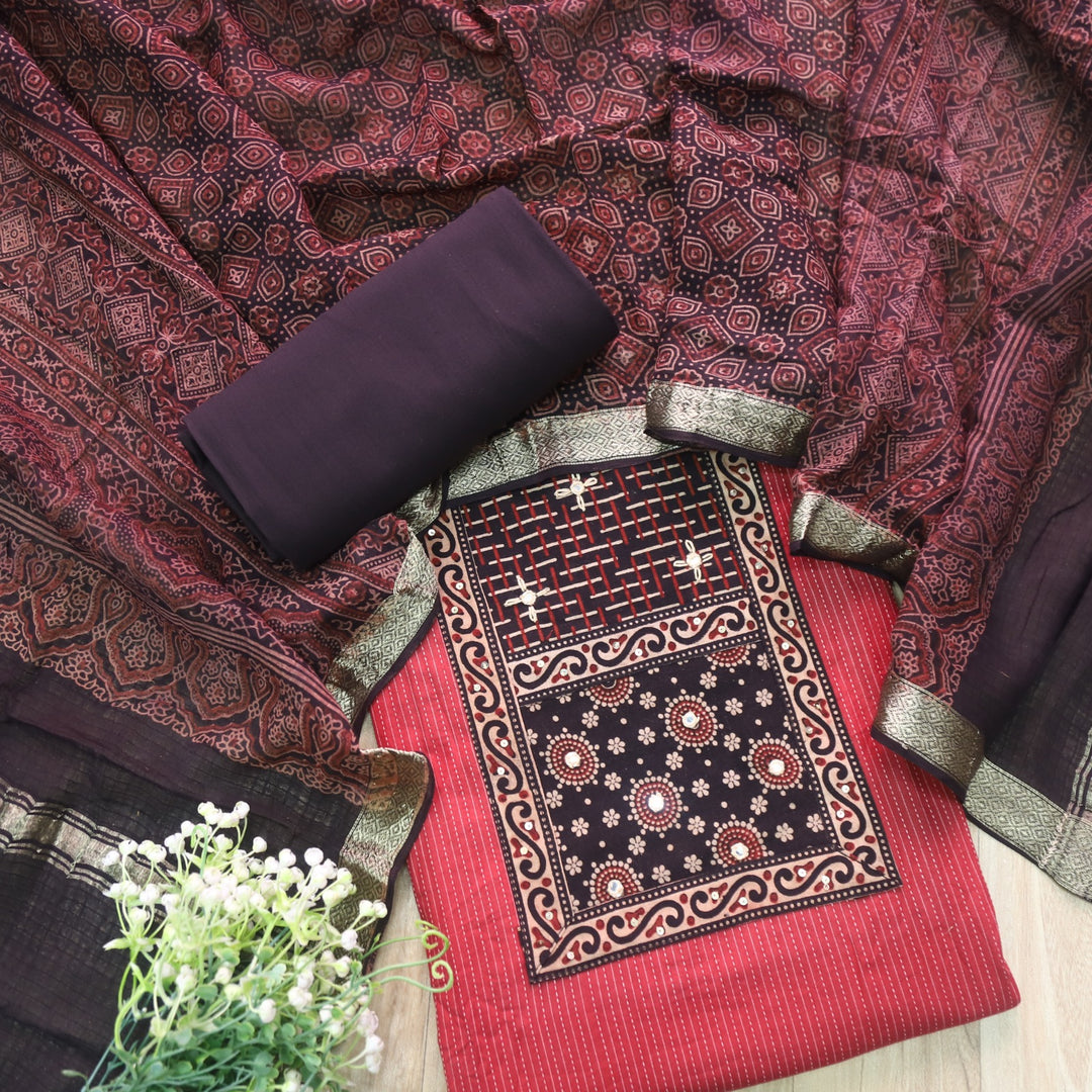 Rushna Maroon Red Ajrak Printed Patch with Kantha Cotton Suit Set