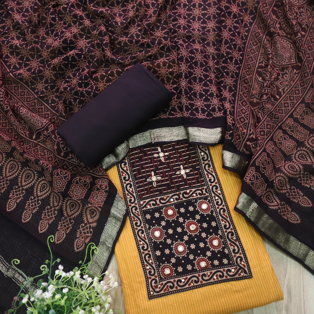 Rushna Sunflower Yellow Ajrak Printed Patch with Kantha Cotton Suit Set