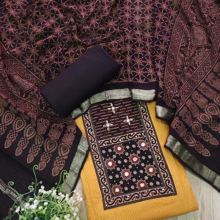 Rushna Sunflower Yellow Ajrak Printed Patch with Kantha Cotton Suit Set