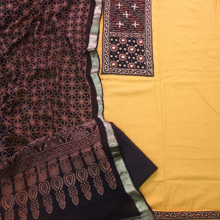 Rushna Sunflower Yellow Ajrak Printed Patch with Kantha Cotton Suit Set