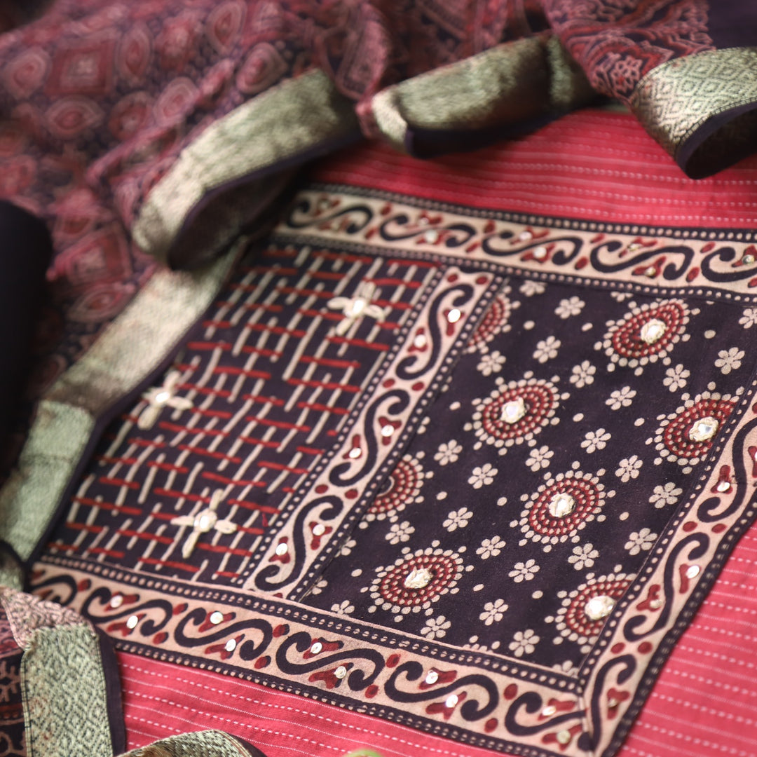 Rushna Maroon Red Ajrak Printed Patch with Kantha Cotton Suit Set