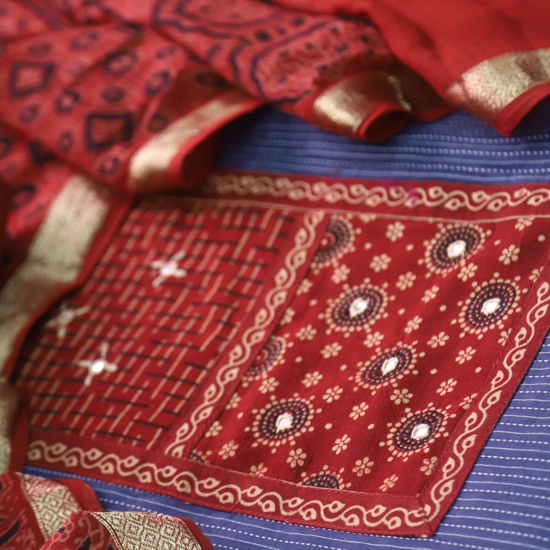Rushna Thunder Blue Ajrak Printed Patch with Kantha Cotton Suit Set