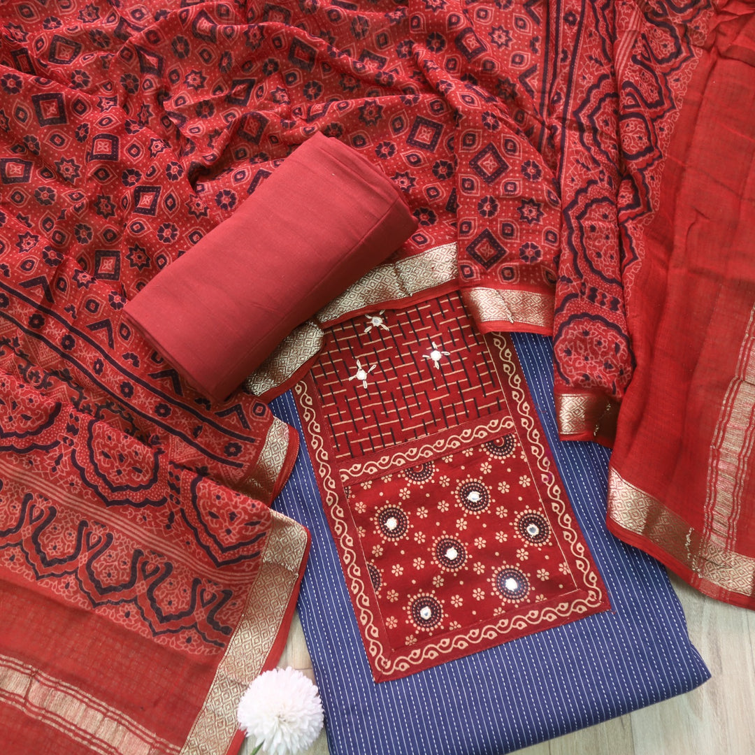 Rushna Thunder Blue Ajrak Printed Patch with Kantha Cotton Suit Set