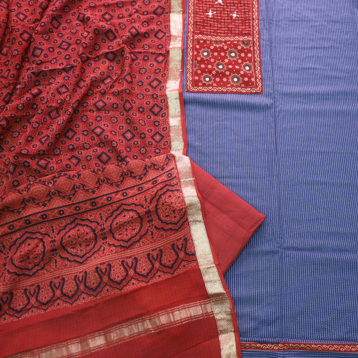 Rushna Thunder Blue Ajrak Printed Patch with Kantha Cotton Suit Set