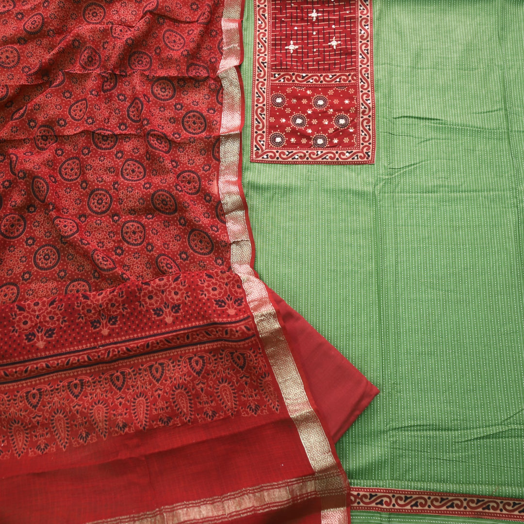 Rushna Leaf Green Ajrak Printed Patch with Kantha Cotton Suit Set