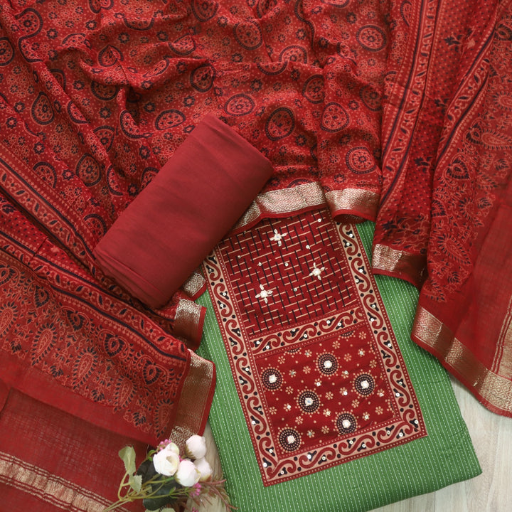 Rushna Leaf Green Ajrak Printed Patch with Kantha Cotton Suit Set