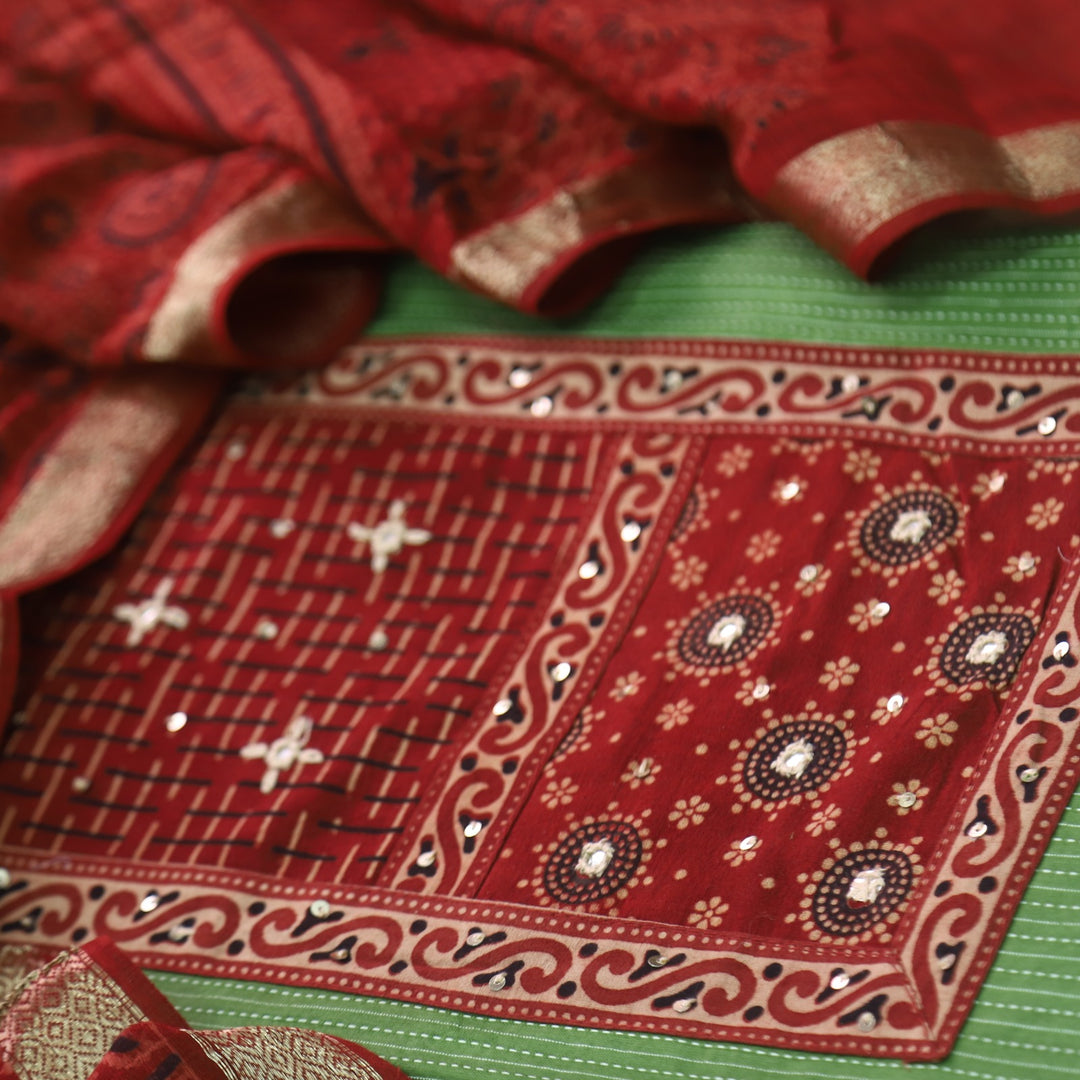 Rushna Leaf Green Ajrak Printed Patch with Kantha Cotton Suit Set