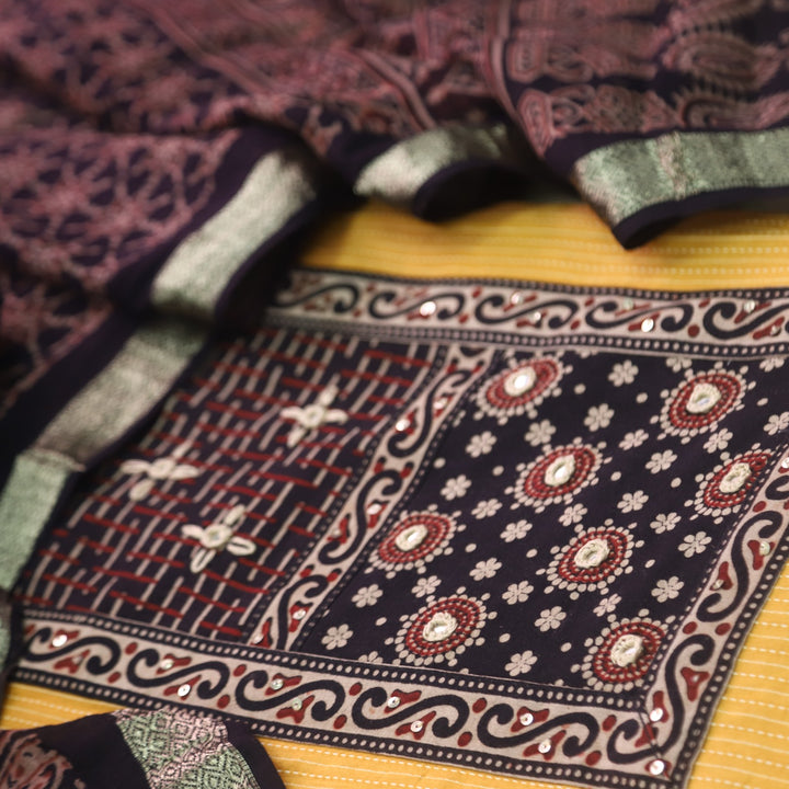 Rushna Sunflower Yellow Ajrak Printed Patch with Kantha Cotton Suit Set