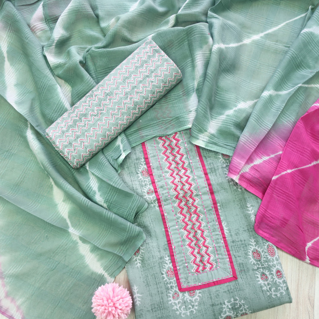 Salaari Sage Green Patch Work Neck Printed Cotton Suit Set