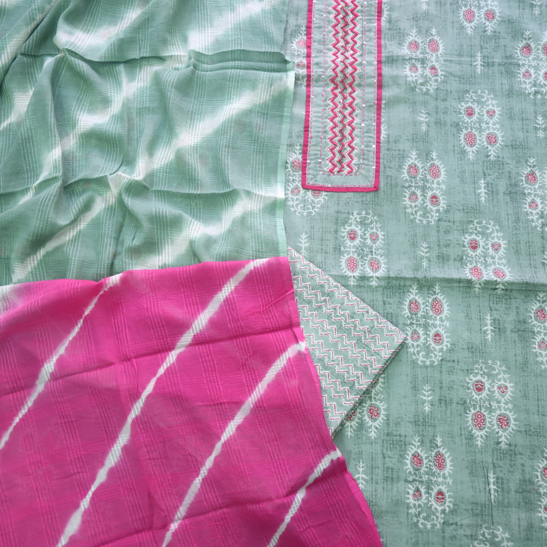 Salaari Sage Green Patch Work Neck Printed Cotton Suit Set