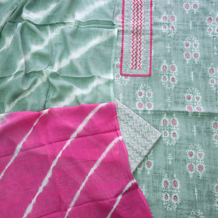 Salaari Sage Green Patch Work Neck Printed Cotton Suit Set