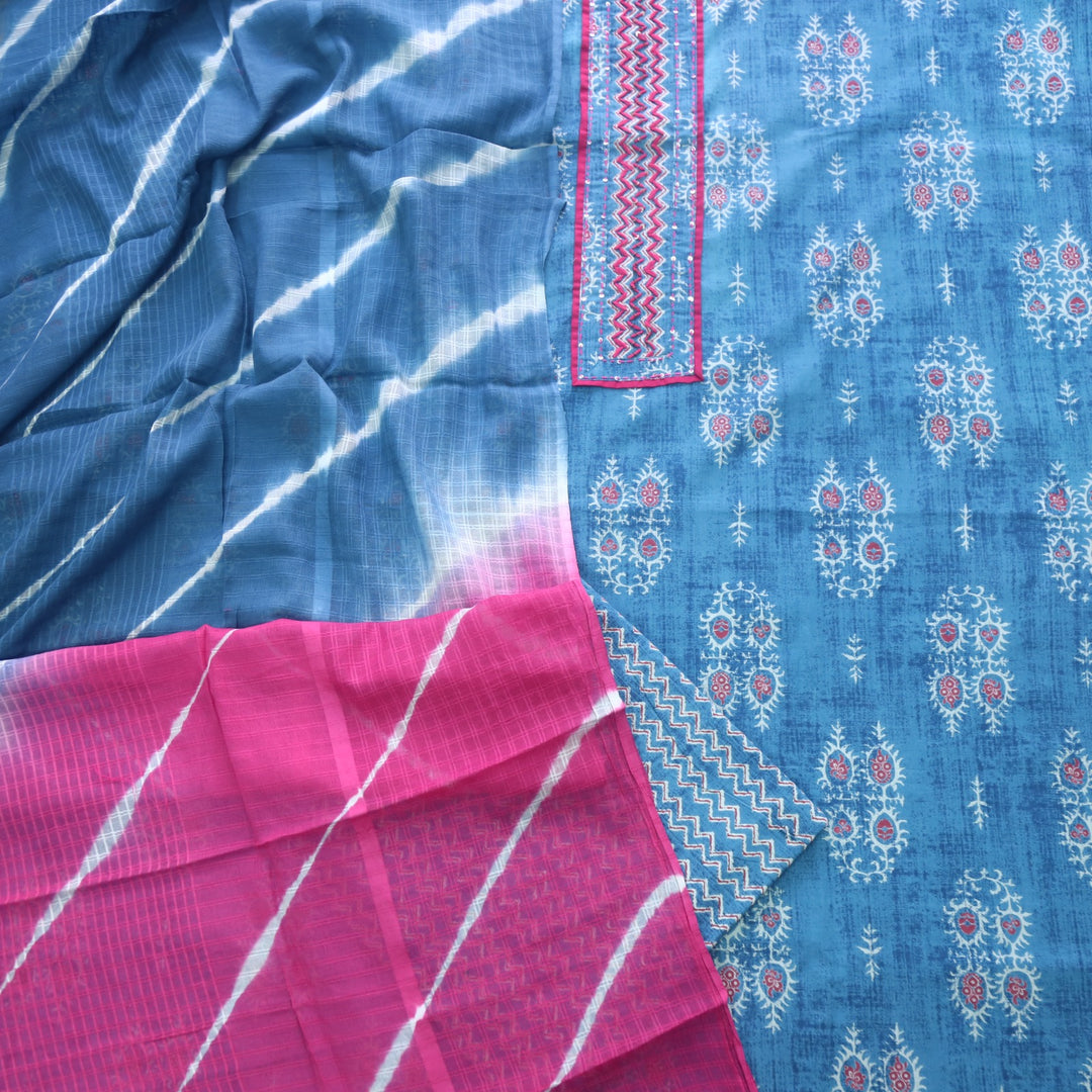 Salaari Cerulean Blue Patch Work Neck Printed Cotton Suit Set