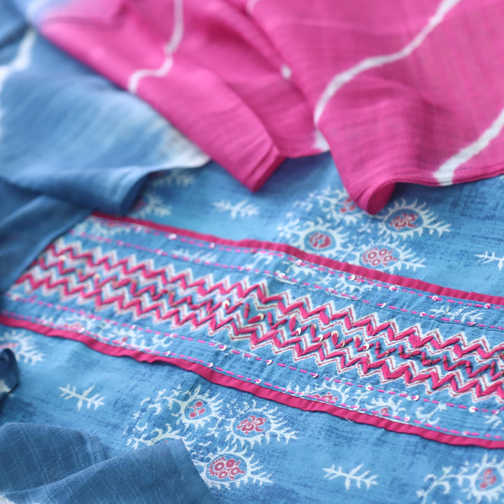 Salaari Cerulean Blue Patch Work Neck Printed Cotton Suit Set