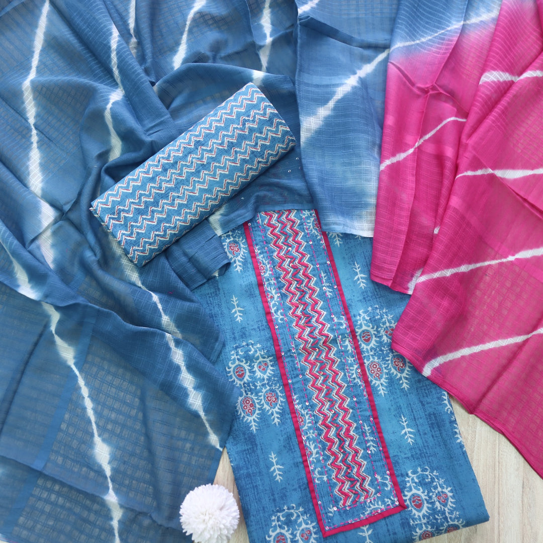Salaari Cerulean Blue Patch Work Neck Printed Cotton Suit Set