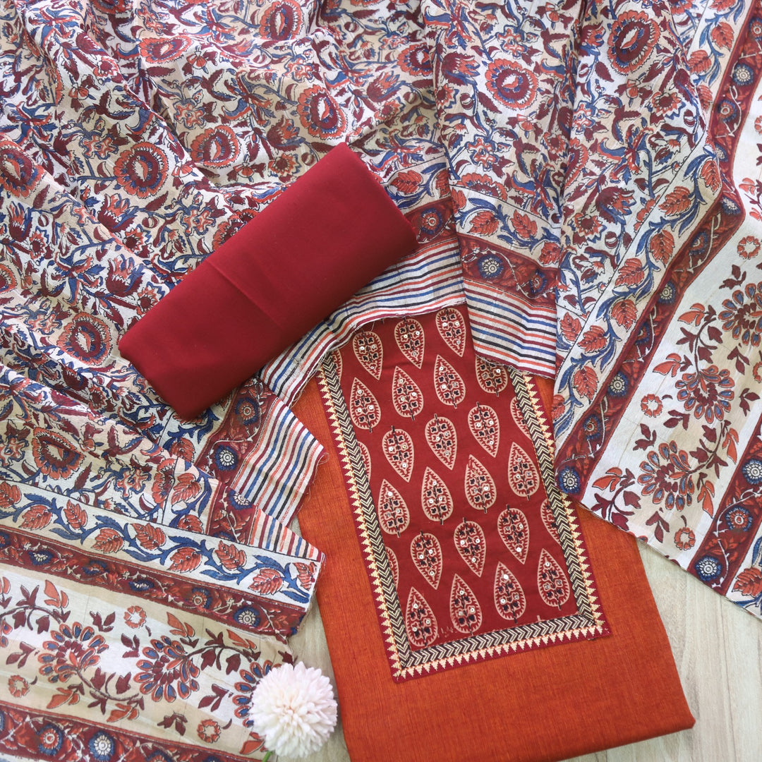 Salaari Rust Orange Ajrak Print Patch Neck Work South Cotton Suit Set