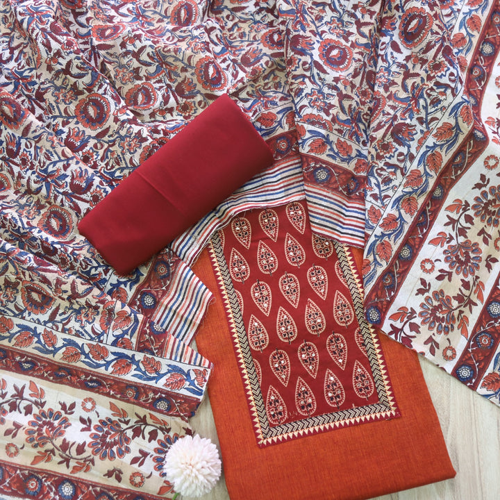 Salaari Rust Orange Ajrak Print Patch Neck Work South Cotton Suit Set
