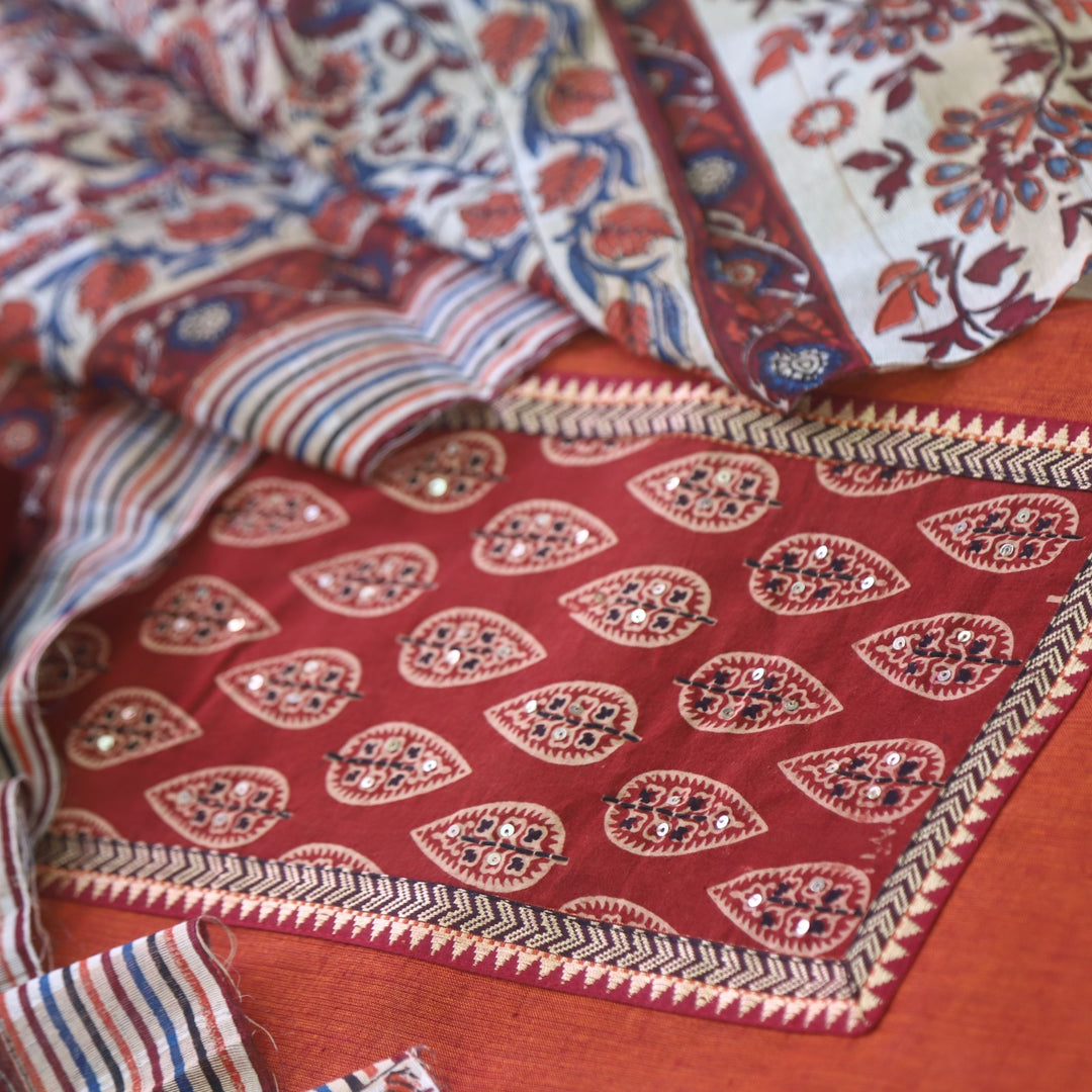 Salaari Rust Orange Ajrak Print Patch Neck Work South Cotton Suit Set