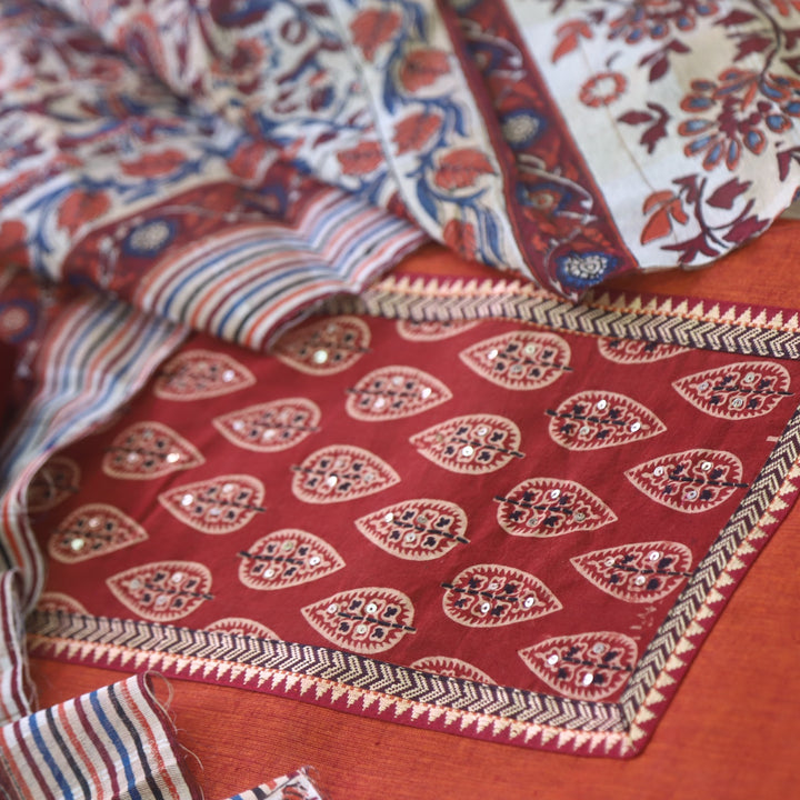 Salaari Rust Orange Ajrak Print Patch Neck Work South Cotton Suit Set