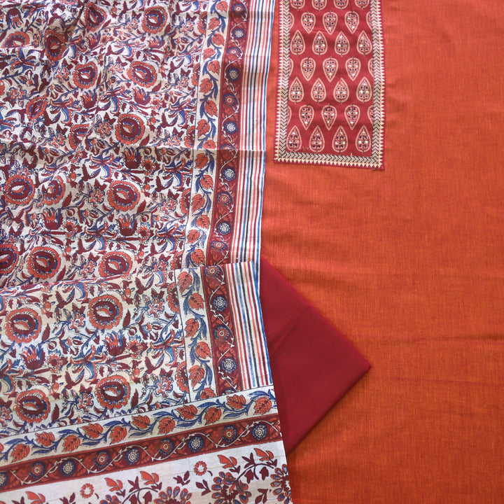 Salaari Rust Orange Ajrak Print Patch Neck Work South Cotton Suit Set