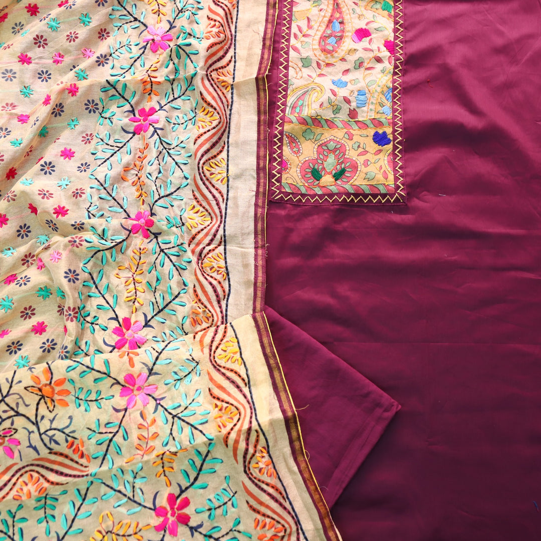 Farishta Purple Kantha Phulkari Fusion Work Glazed Cotton Suit Set D2