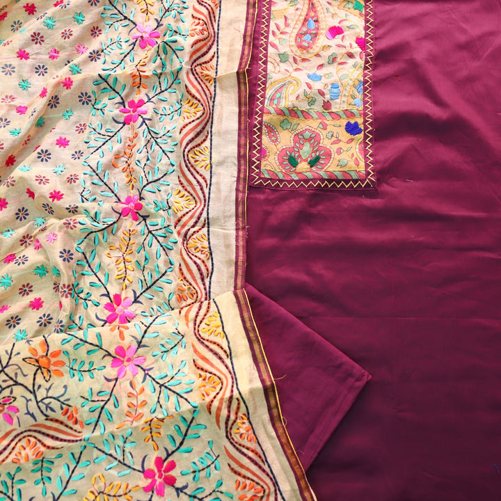 Farishta Purple Kantha Phulkari Fusion Work Glazed Cotton Suit Set D2