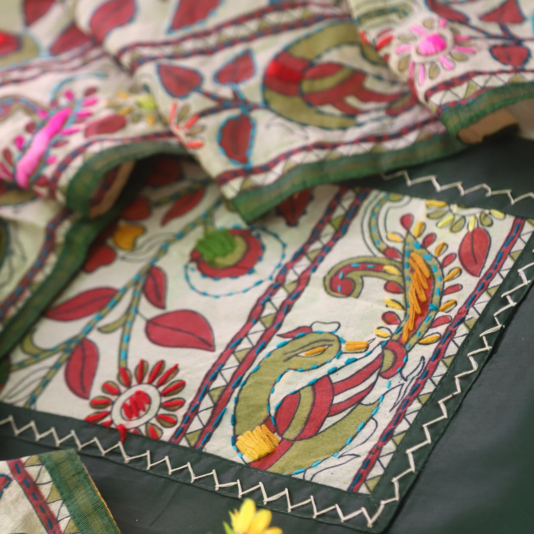Farishta Dark Green Kantha Phulkari Fusion Work Glazed Cotton Suit Set D2