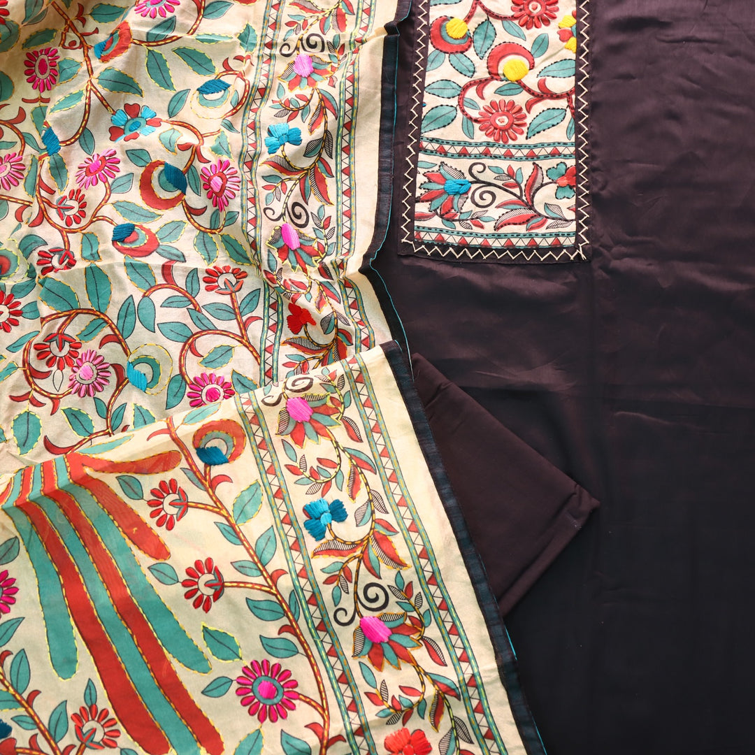 Farishta Black Kantha Phulkari Fusion Work Glazed Cotton Suit Set D2