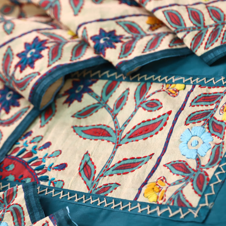 Farishta Cerulean Teal Kantha Phulkari Fusion Work Glazed Cotton Suit Set D2