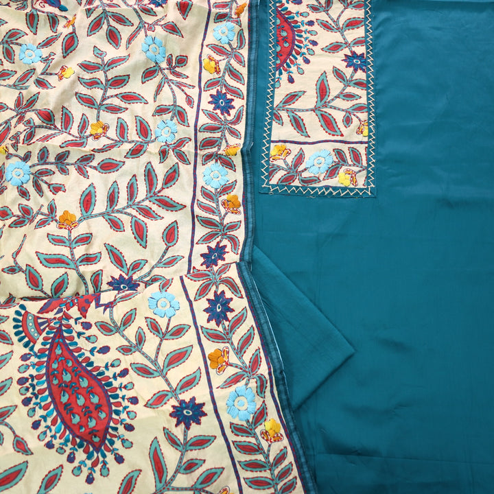 Farishta Cerulean Teal Kantha Phulkari Fusion Work Glazed Cotton Suit Set D2