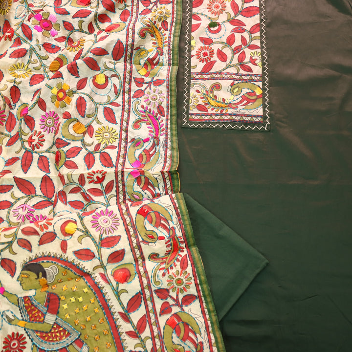 Farishta Dark Green Kantha Phulkari Fusion Work Glazed Cotton Suit Set D2