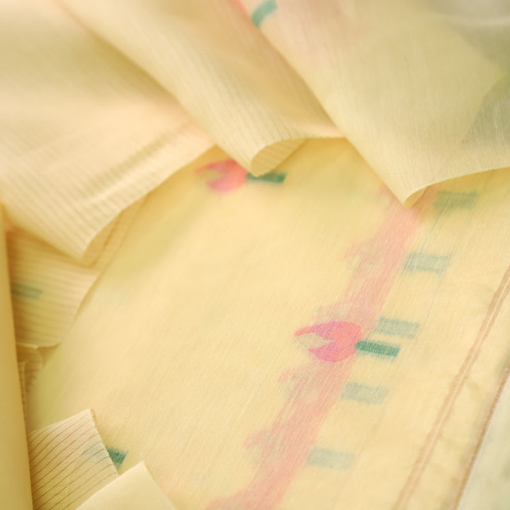 Raina Pineapple Yellow with Pink Authentic Jamdani Weaved Suit Set