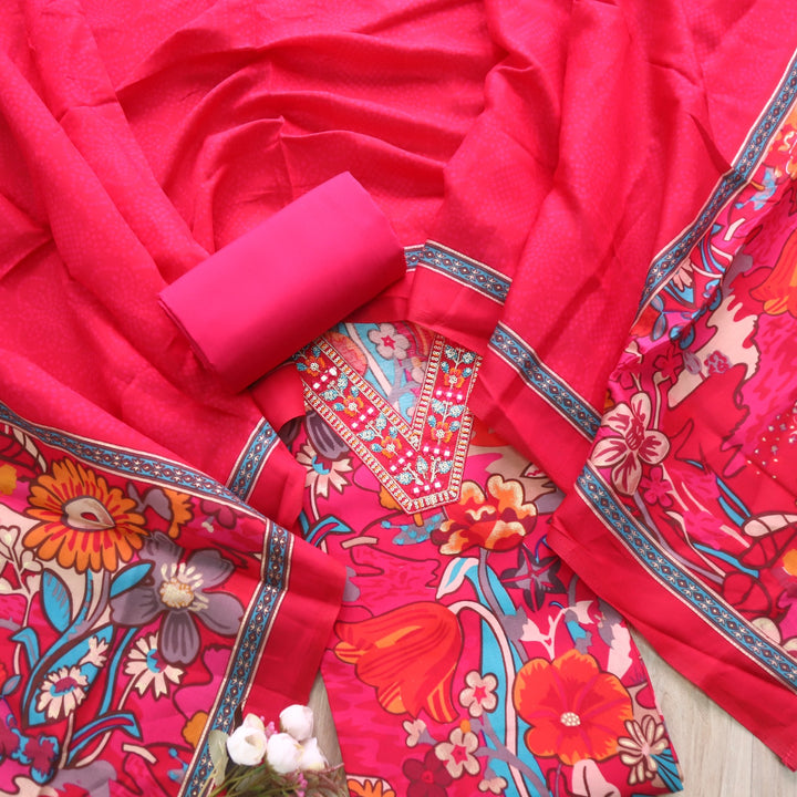 Rubiya Rani Pink V Neck Embellished Neck with Floral Print Modal Suit Set